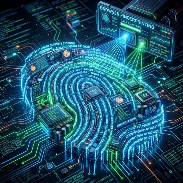Glowing digital fingerprint made of computer hardware being analyzed by a scanner