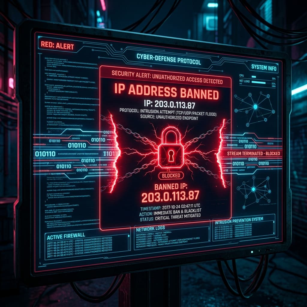 Cyberpunk firewall security screen showing an IP address banned alert and locked data stream