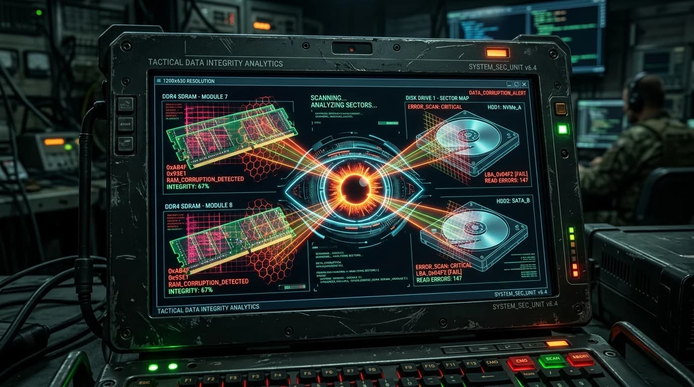 Tactical military cyberpunk terminal displaying a digital eye scanner dissecting RAM and disk drives