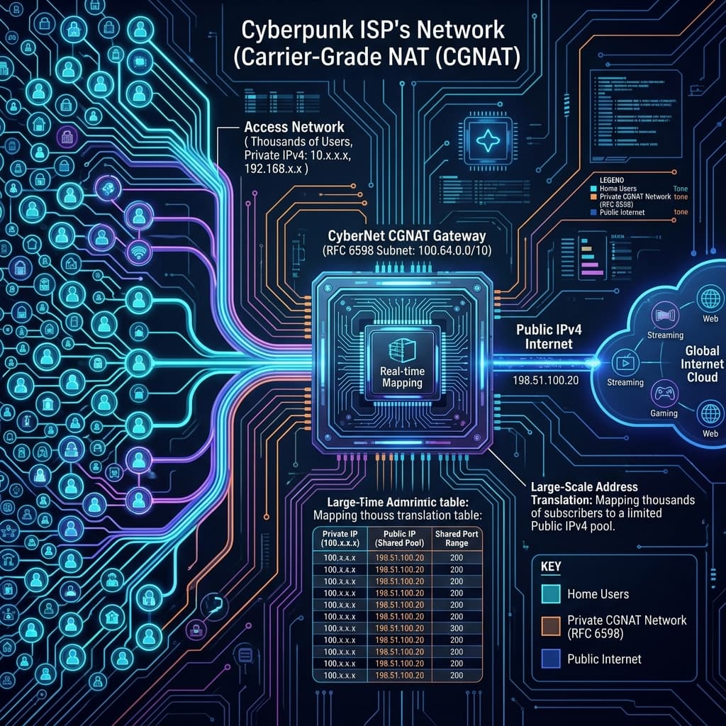 Cyberpunk telecom network diagram showing Carrier-Grade NAT mapping thousands of users to a shared IPv4 pool