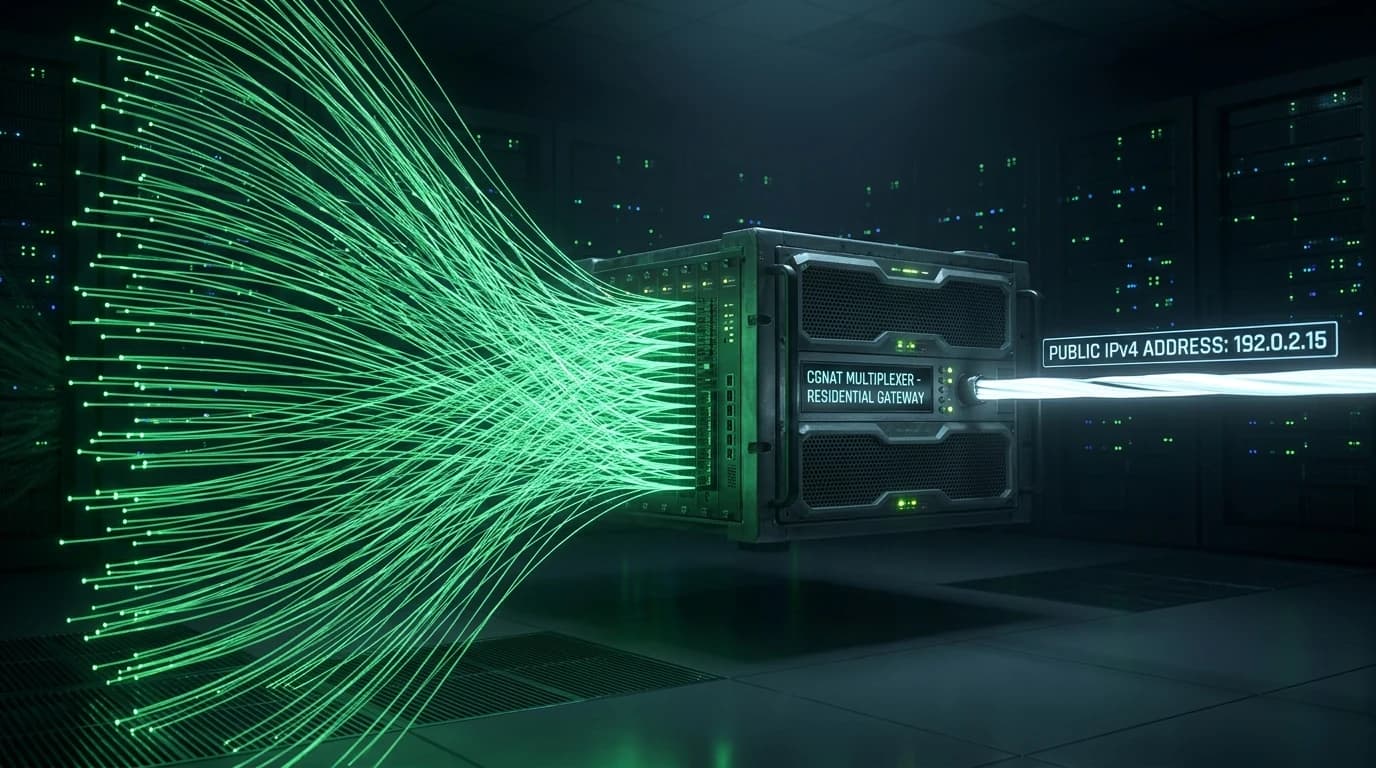 ISP Carrier-Grade NAT datacenter multiplexer funneling residential connections into single IPv4