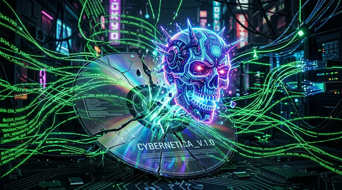 Cyberpunk skull emerging from a cracked video game disc surrounded by crypto miner code threads