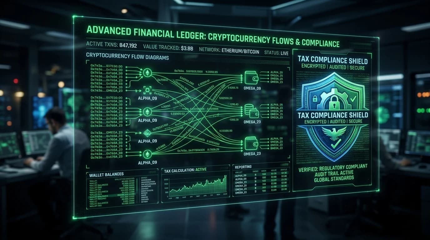 Dark holographic financial ledger with cryptocurrency flow diagrams and an encrypted tax shield