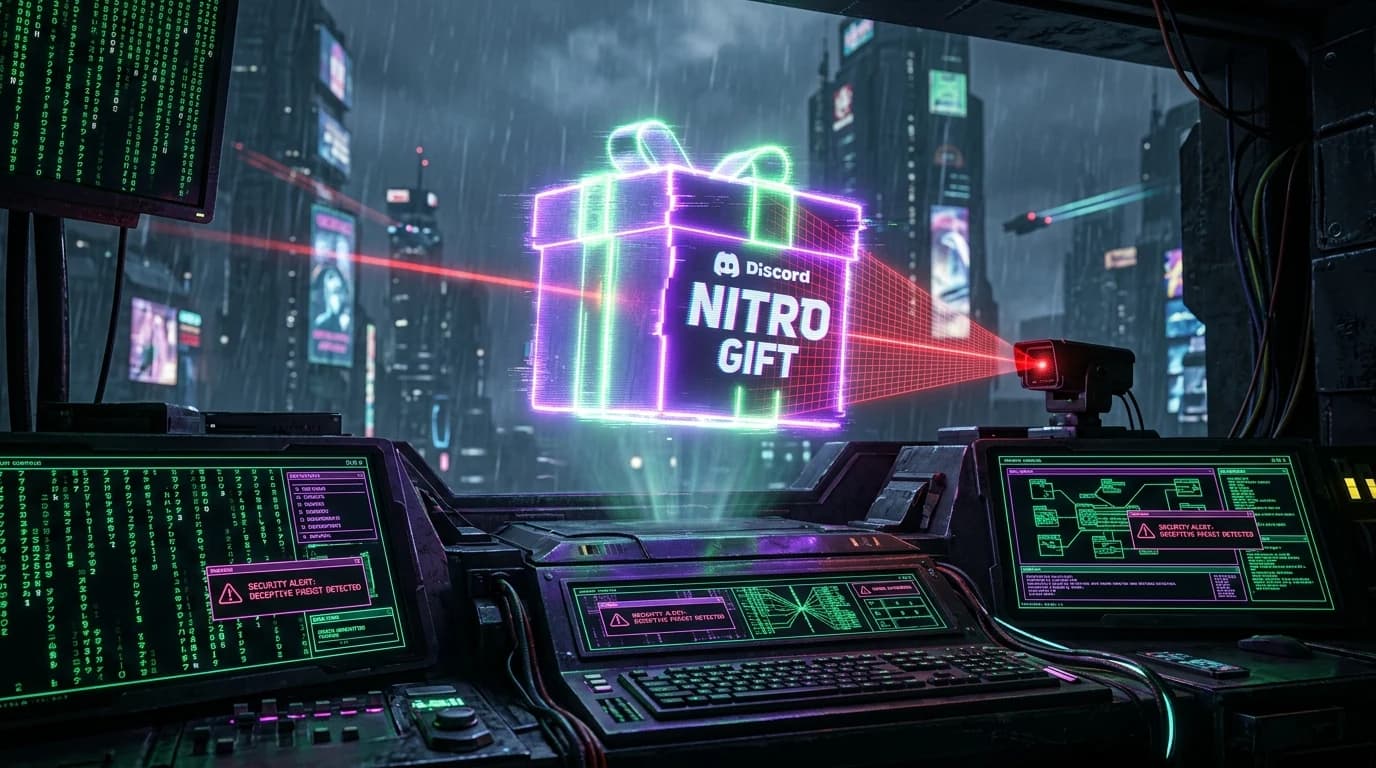 Cyberpunk illustration of a fake Discord Nitro gift box scanned by security lasers