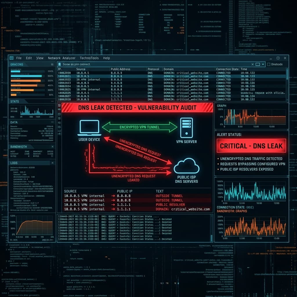 Network packet analyzer displaying unencrypted DNS requests leaking past an encrypted VPN tunnel