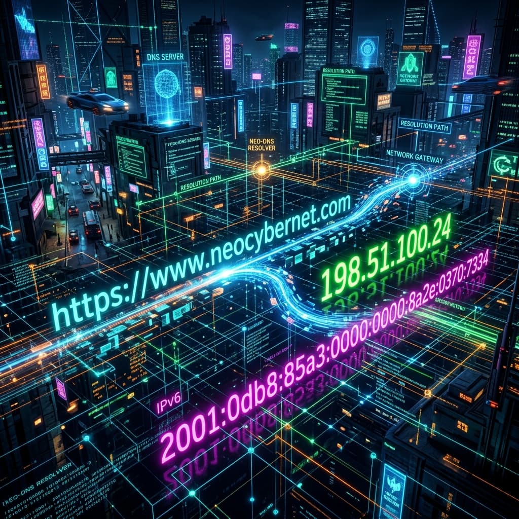 Cyberpunk DNS resolution visualization showing web domain URLs converting into numerical IPv4 and IPv6 addresses