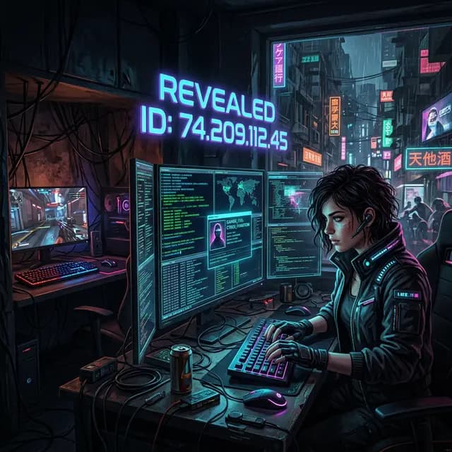 Hacker analyzing a gamer's digital footprint in a dark room