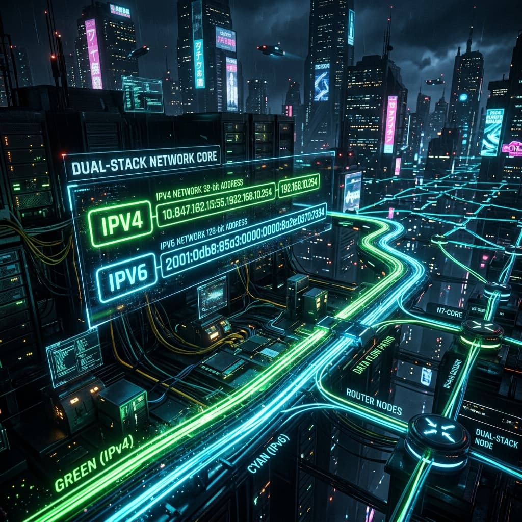 Cyberpunk network diagram showing Dual-Stack IPv4 and IPv6 protocols operating side-by-side