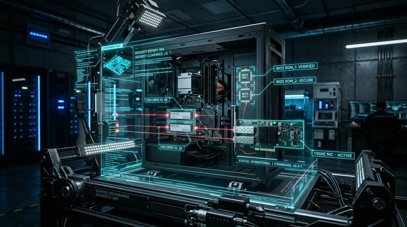 Futuristic holographic scanner inspecting computer hardware components with laser grid lines