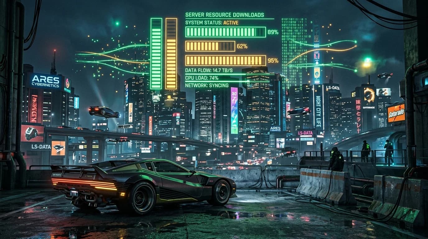 Cyberpunk sports car parked in front of futuristic neon skyline with server resource download bars
