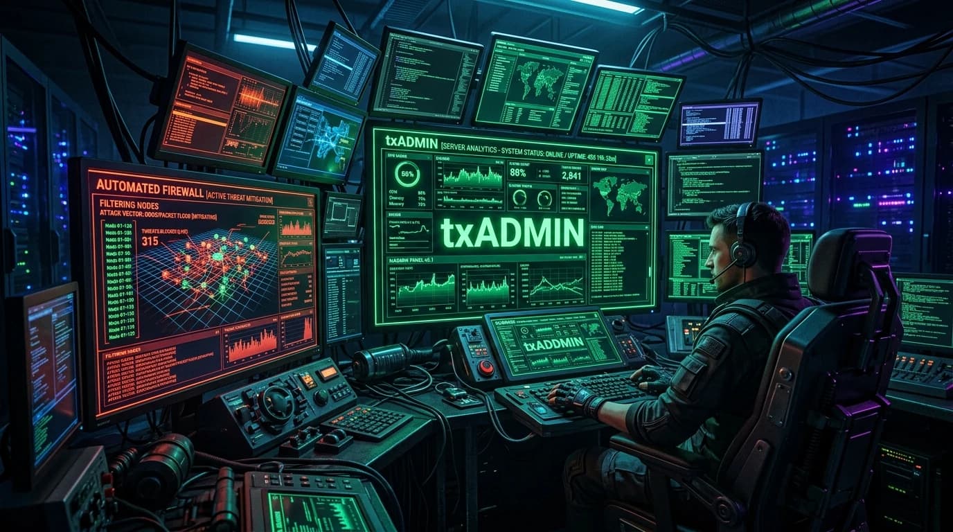 Cyberpunk server admin cockpit with glowing green txAdmin analytics and automated firewall nodes