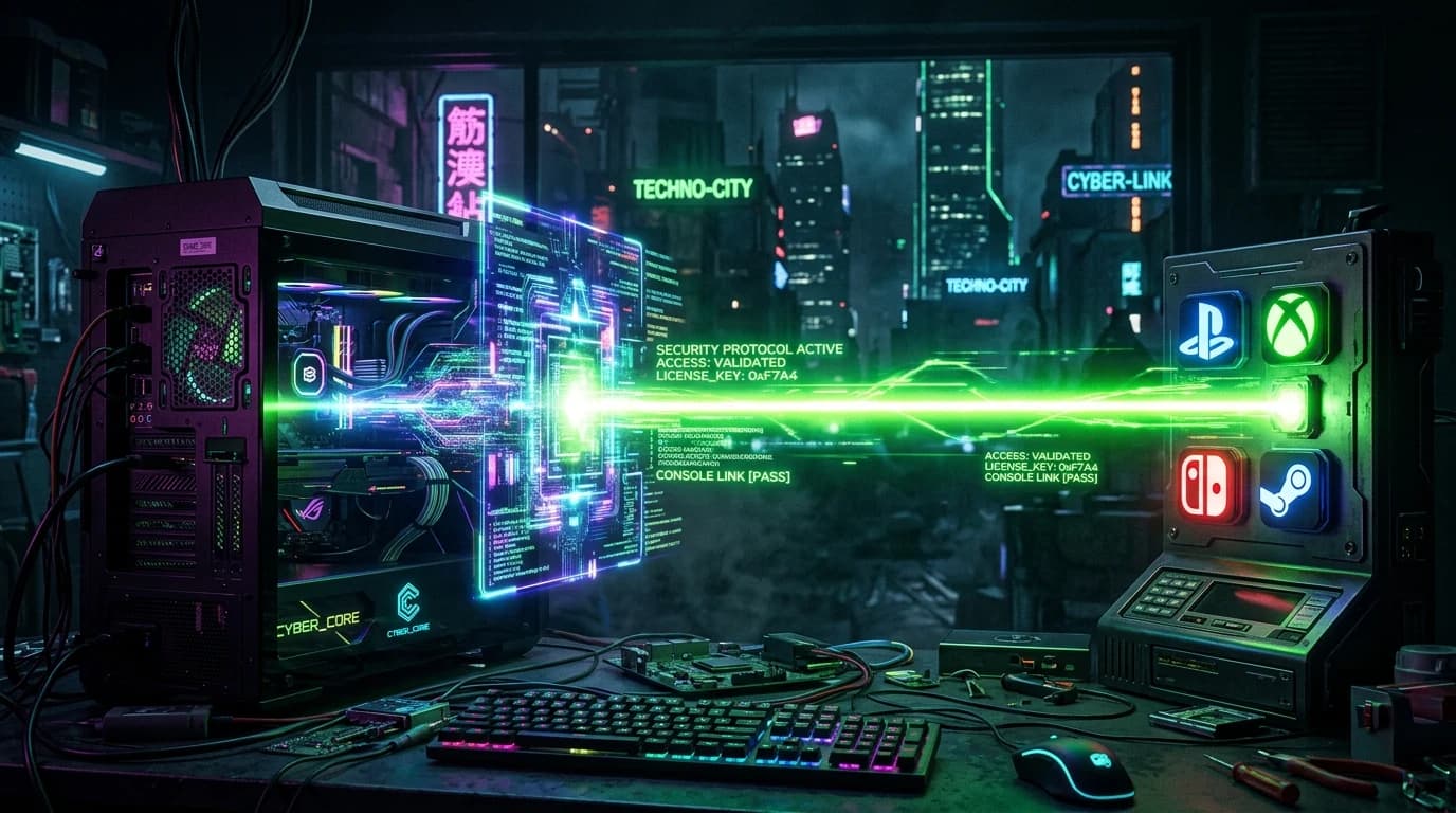 Holographic gateway connecting a PC tower to console badges with neon green security beam
