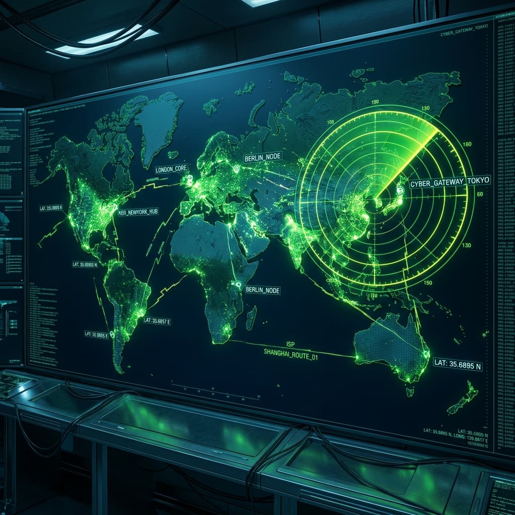 Cyberpunk global world map display showing IP geolocation radar target overlaying city GPS coordinates