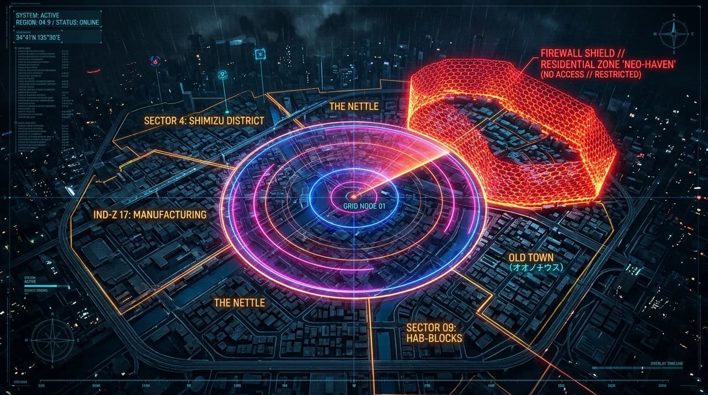 Cyberpunk city map overlay with a glowing circular radar radius showing regional boundaries vs firewall shield