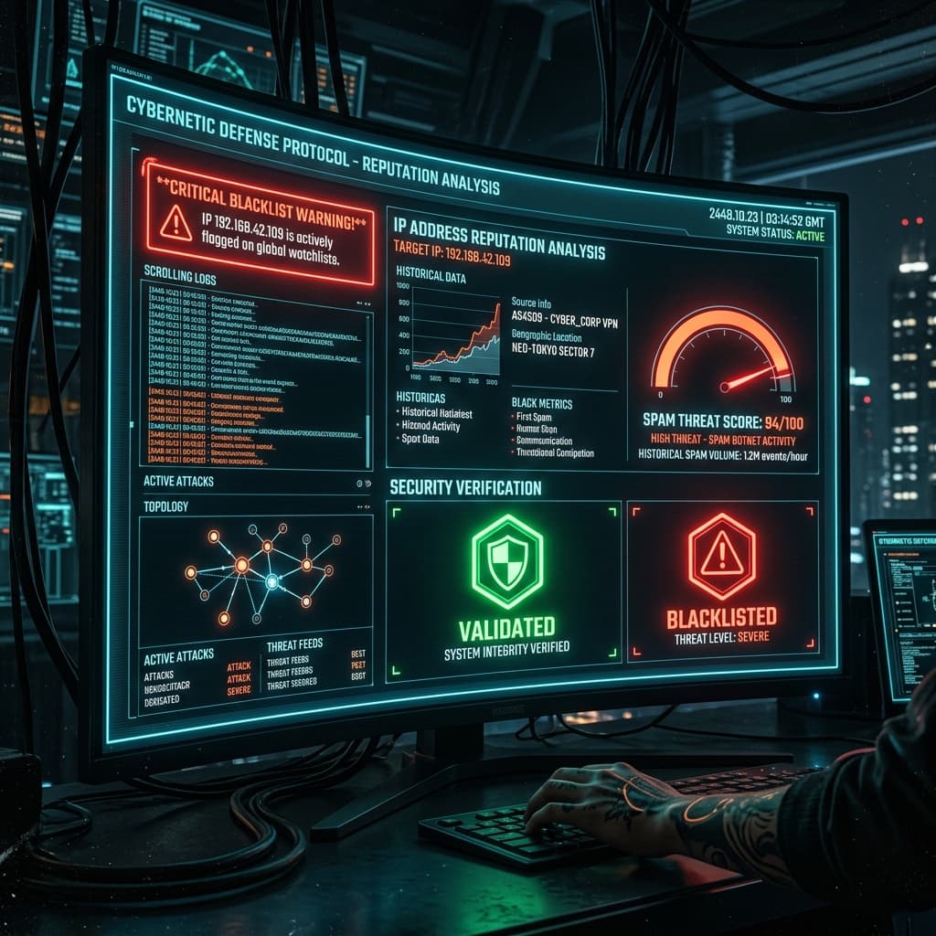 Cybersecurity command center screen displaying IP address reputation analysis and threat score metrics