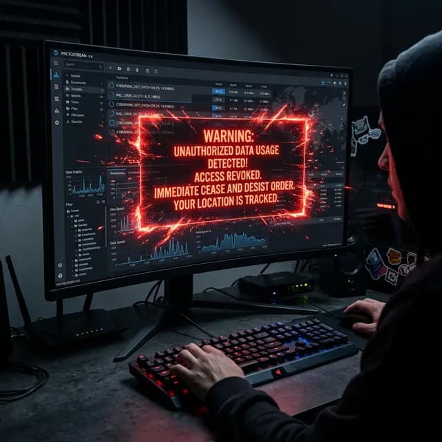 Red warning letter emerging from a torrent client interface