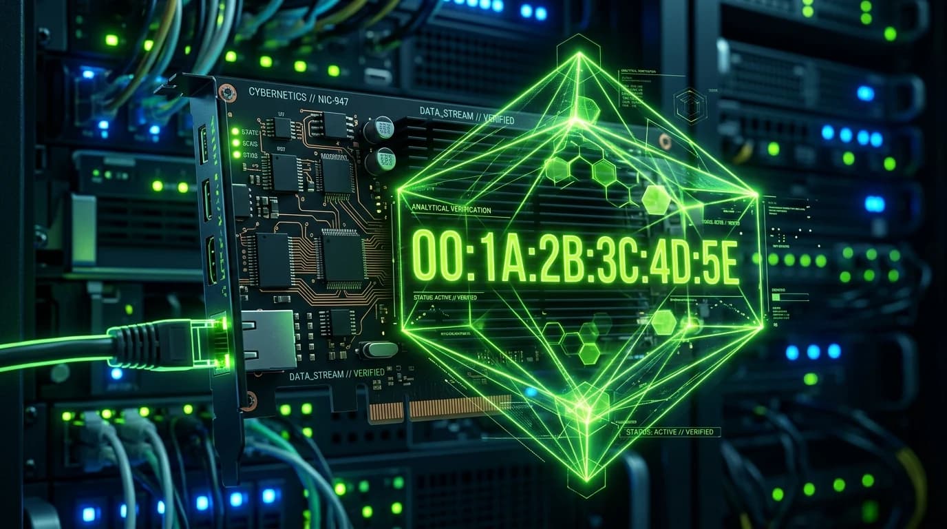 Cybernetic network card with glowing MAC address digits surrounded by analytical verification prism