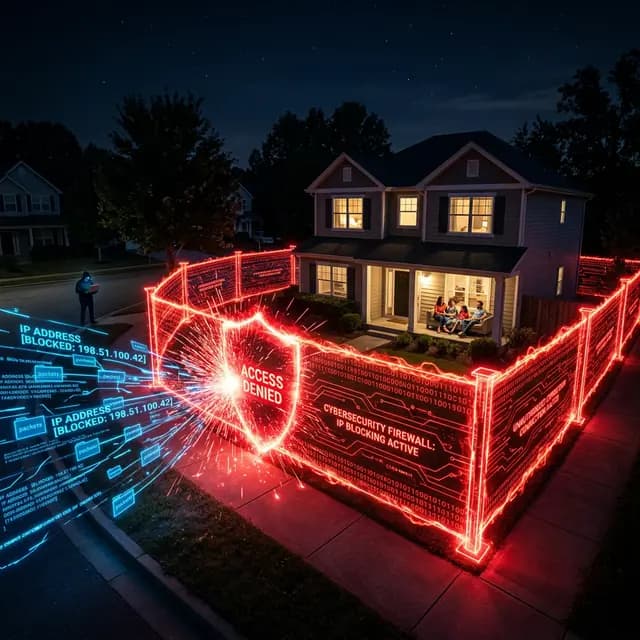 Glowing red digital fence surrounding a family household, blocking a streaming data connection