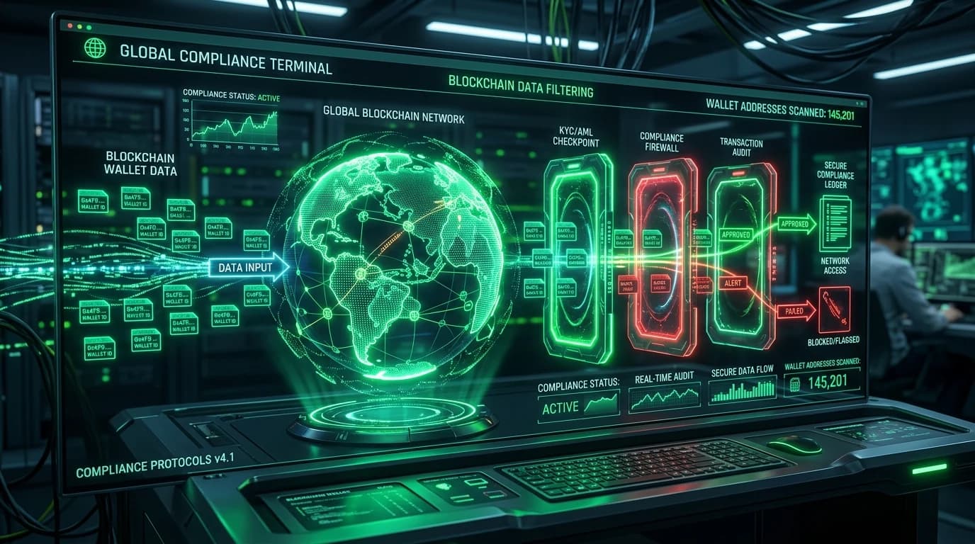 Digital compliance terminal with glowing neon green globe filtering blockchain wallet packets through firewalls