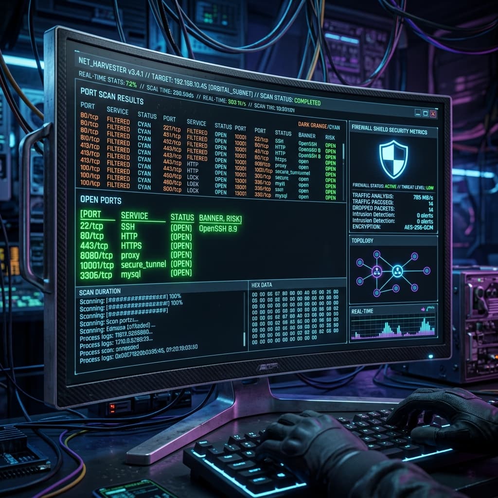 A terminal interface displaying real-time open port scan results and firewall security metrics