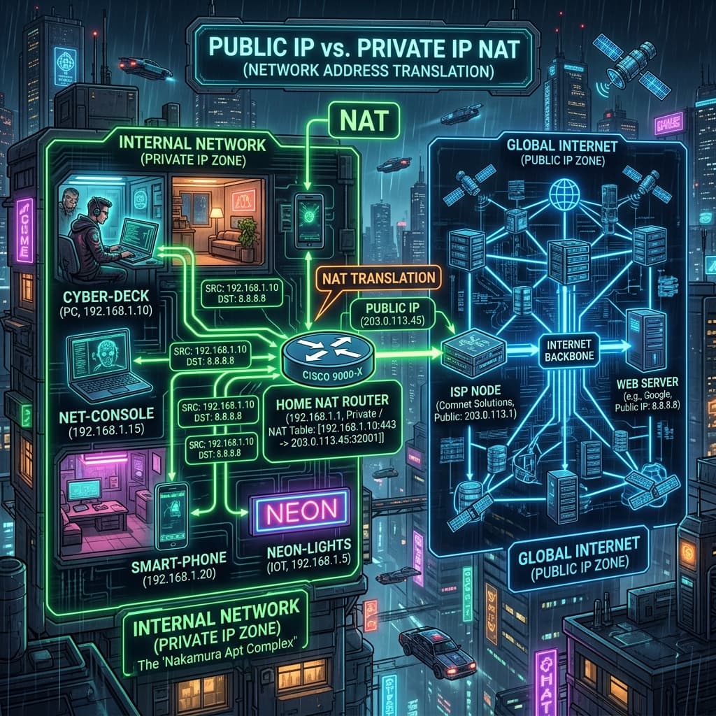 Cyberpunk architectural diagram showing Network Address Translation mapping private IPs to a public IP interface