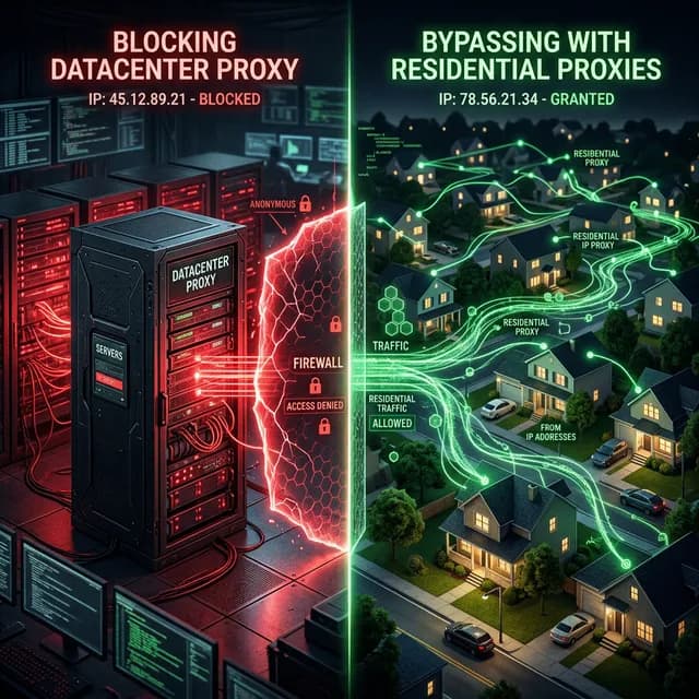 Split comparison of a blocked datacenter server rack and successful residential house connections