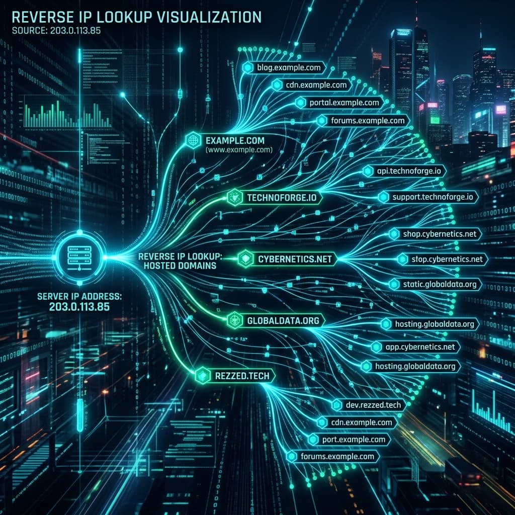 Cyberpunk network diagram showing a single server IP address branching into multiple hosted domain names