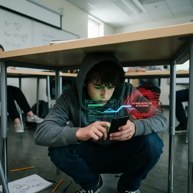 Teenager under a desk using a smartphone to bypass a glowing red digital restriction shield on a Wi-Fi network