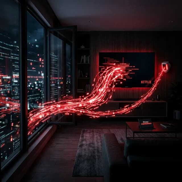 A smart TV and Ring camera leaking glowing red data out into the night sky