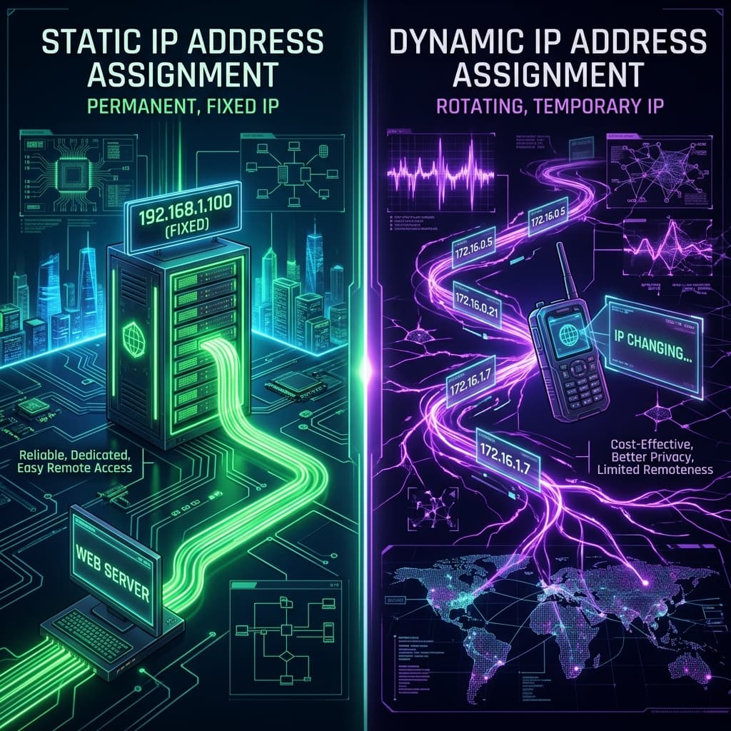 Cyberpunk split screen visualization comparing permanent Static IP assignments vs rotating Dynamic IPs
