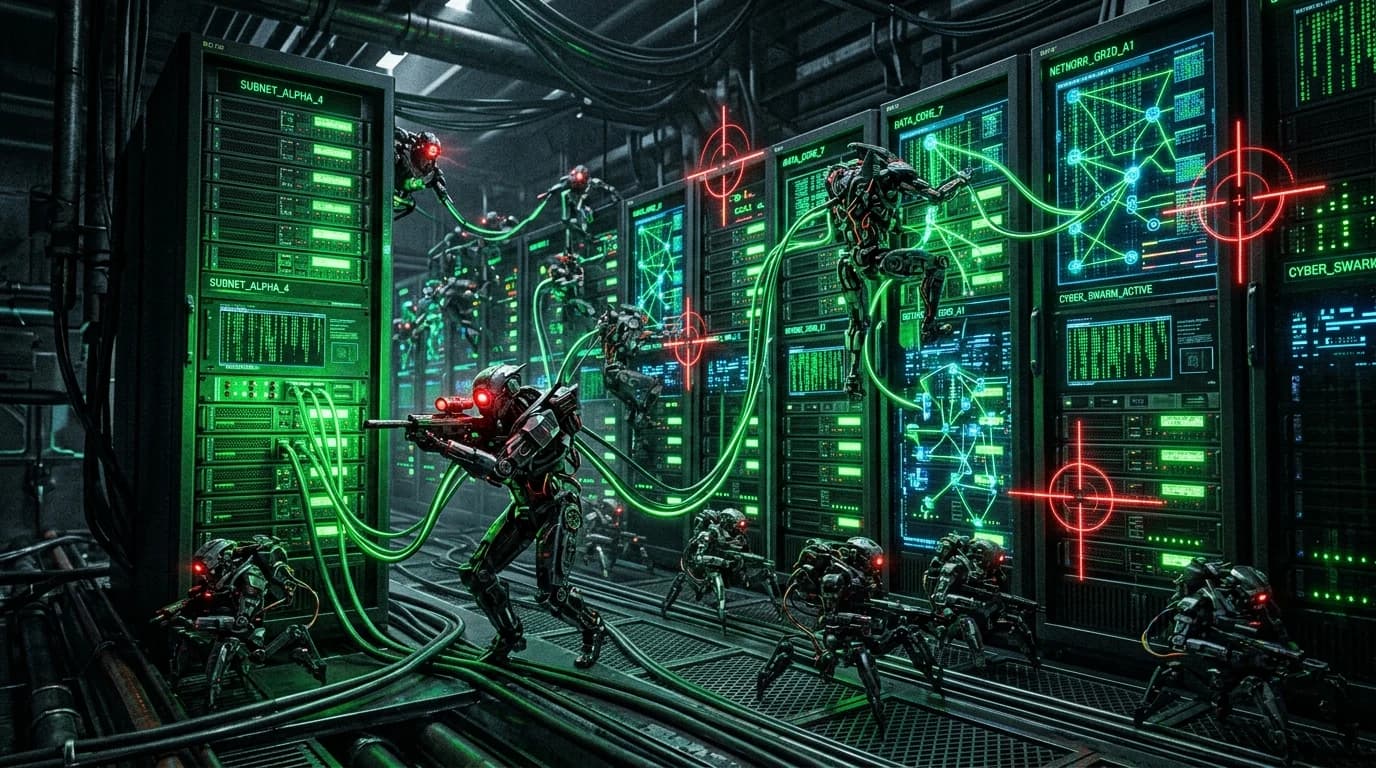 Cyberpunk sniper robot swarm connected to glowing green server racks with red crosshairs