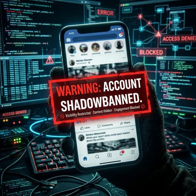 Glowing social media logo being tracked and restricted by a digital padlock