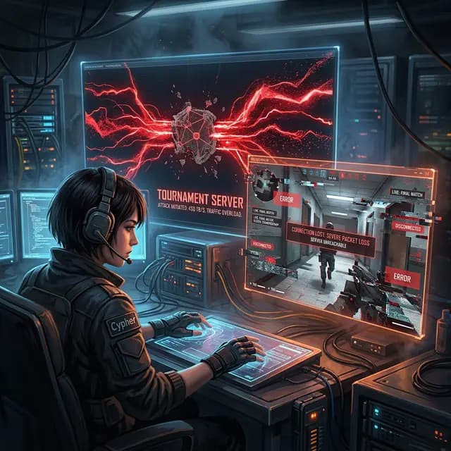 Cinematic concept of a hacker launching a targeted DDoS attack on an esports tournament FPS server