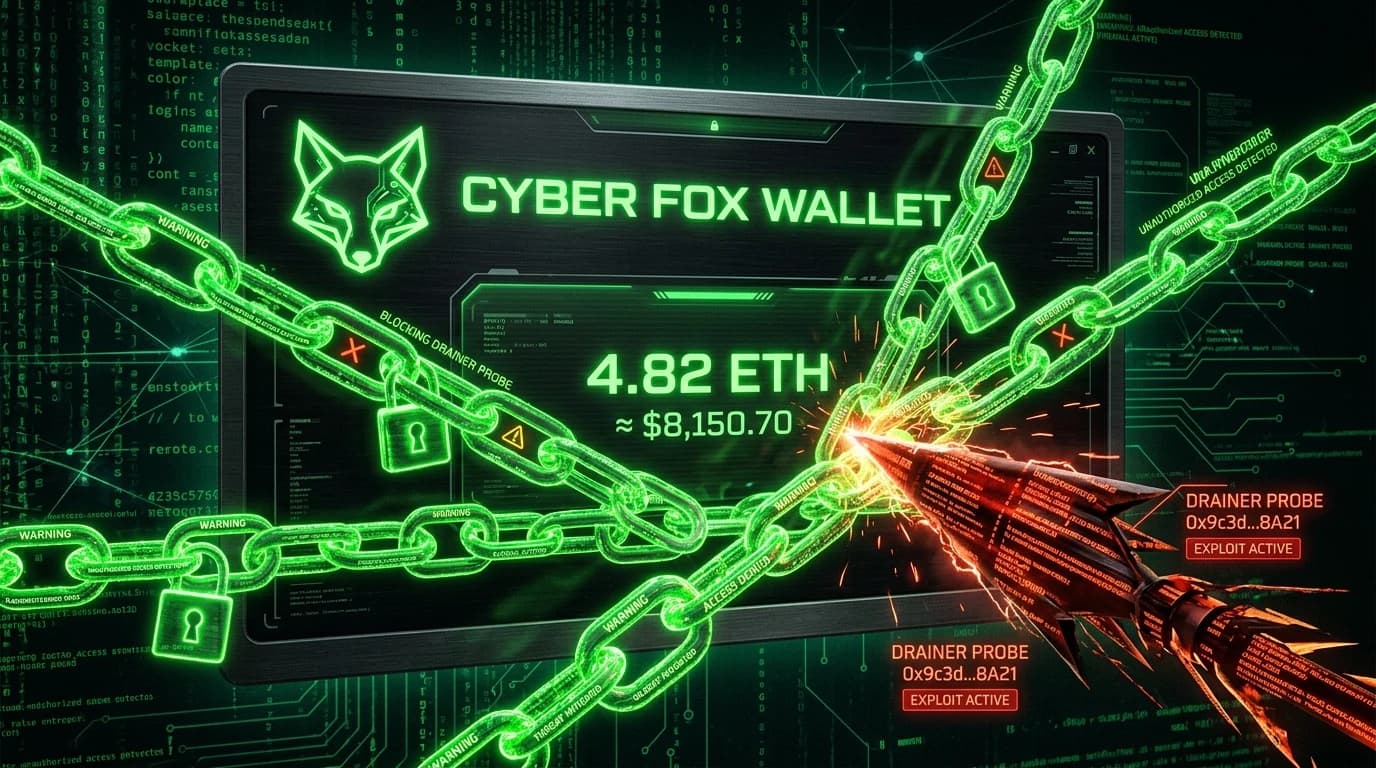 Dark cybernetic fox wallet interface covered with glowing green digital warning chains