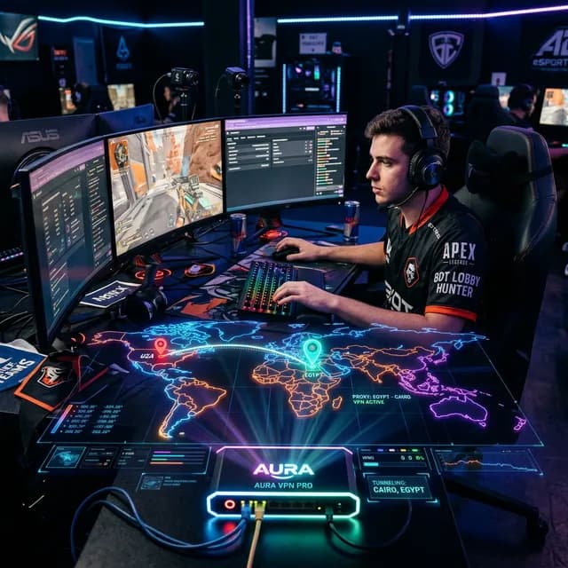 A gamer using a glowing router interface to fake their location to Egypt to find 'Bot Lobbies'