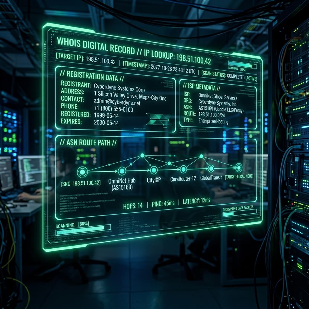 Holographic WHOIS digital record displaying IP registration, ISP metadata, and ASN route paths